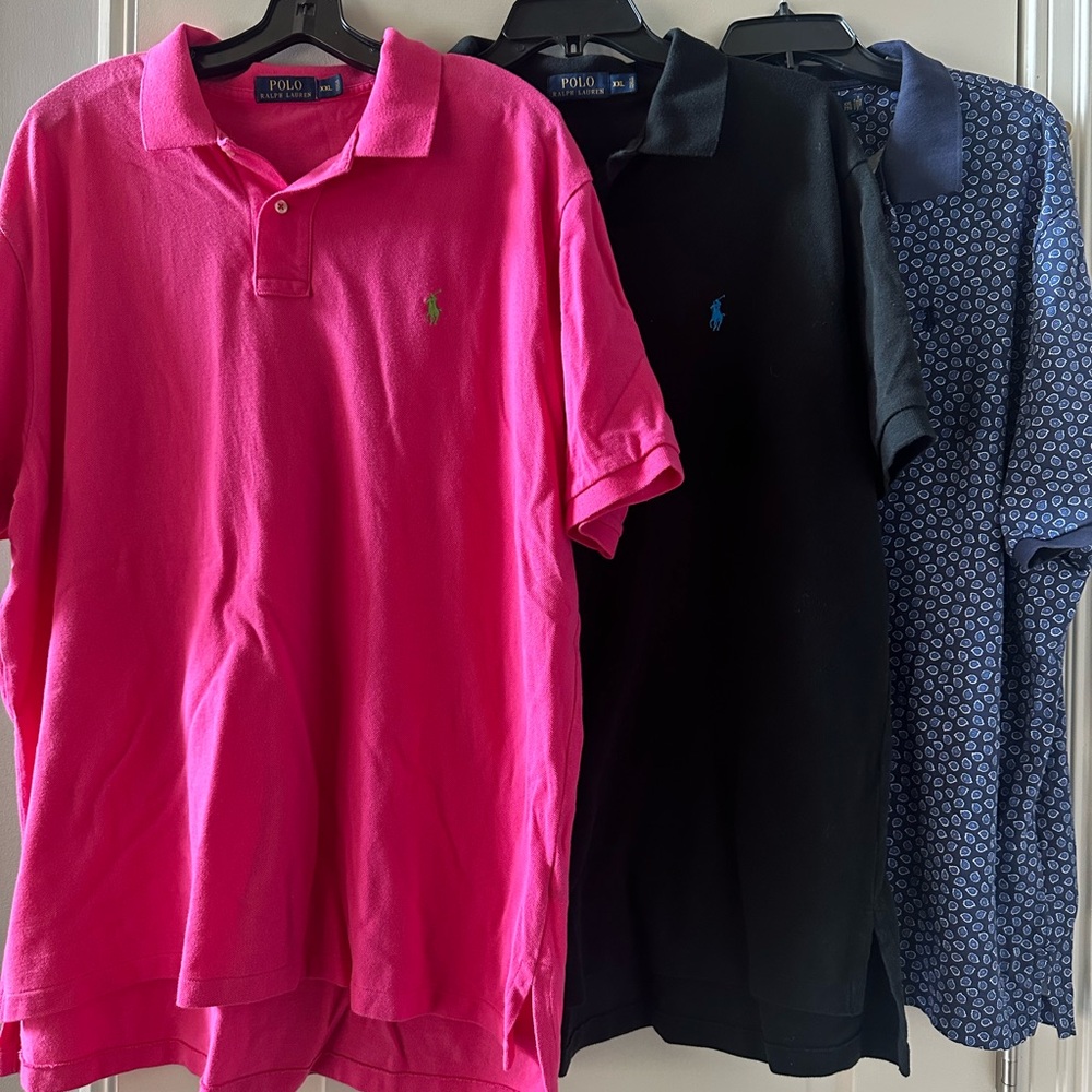 Polo by Ralph Lauren Men's Pink, Black, and Patterned Blue Polos xxl